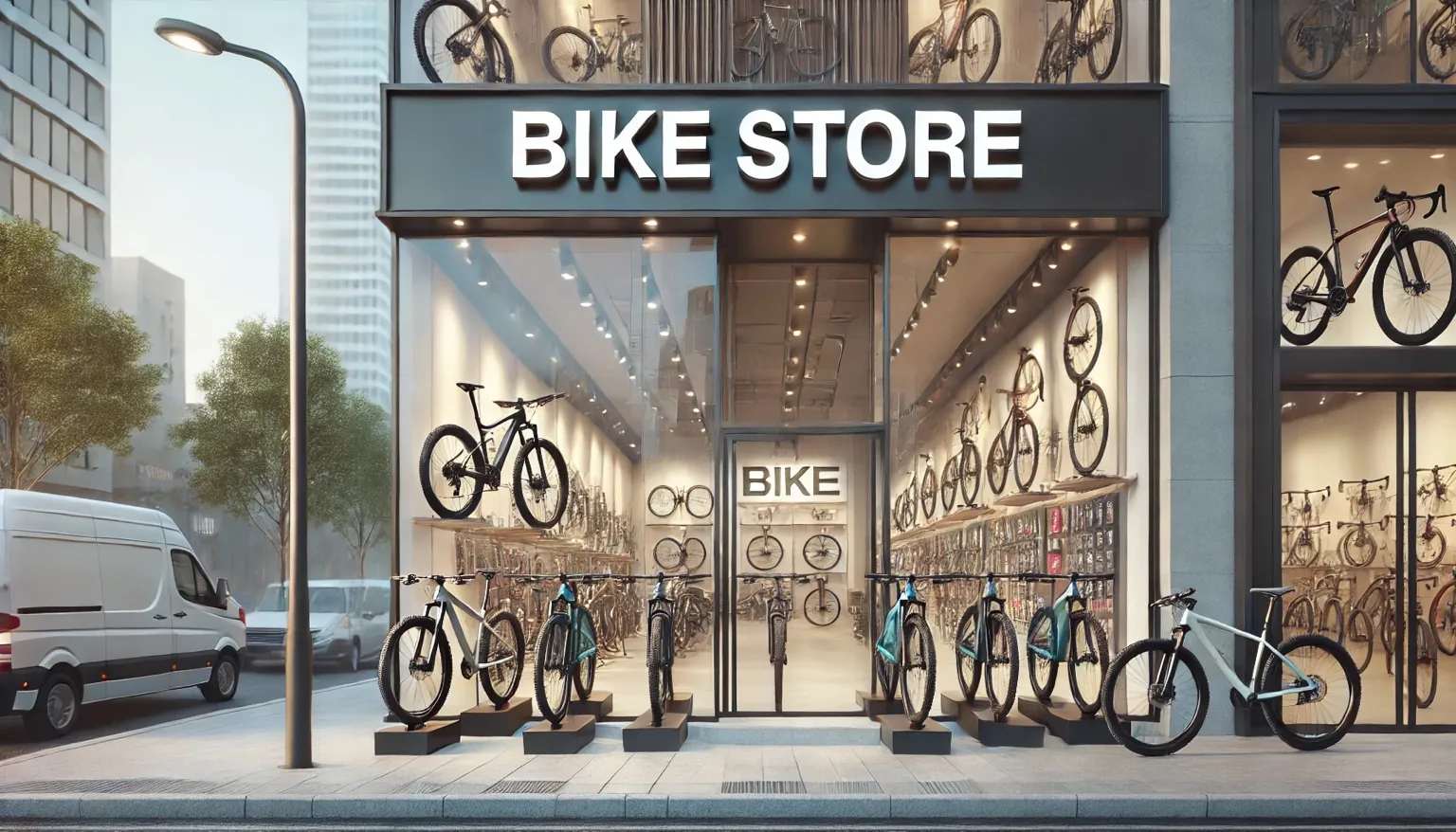 Officina e negozio di biciclette con banchi lavoro, ricambi e calendario appuntamenti